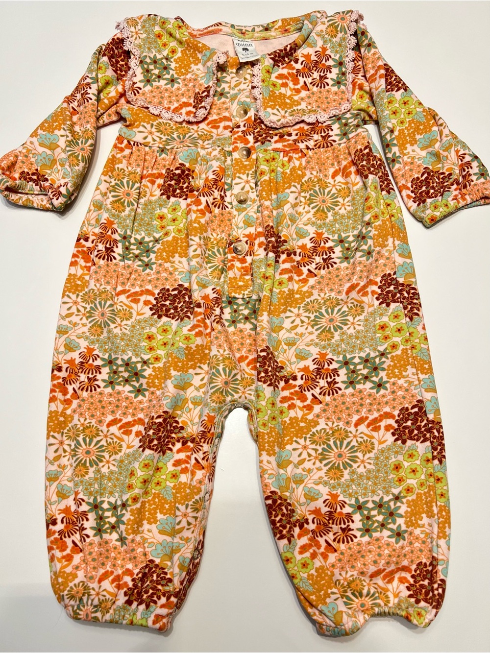 Kate Quinn Floral Patchwork Long-Sleeve One-Piece Romper with Collar